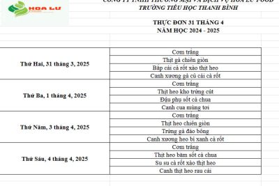 Thực đơn ăn bán trú Tuần 31 tháng 4 năm 2025 của Trường Tiểu học Thanh Bình