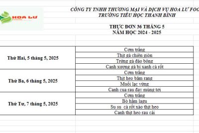 Thực đơn ăn bán trú 36 tháng 5 năm 2025 của Trường Tiểu học Thanh Bình