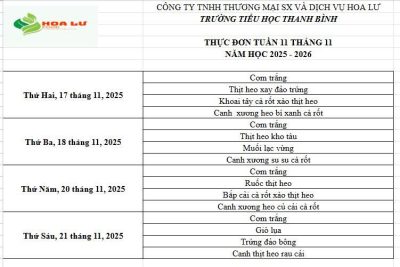 Thực đơn ăn bán trú Tuần 11 tháng 11 năm 2025 của Trường Tiểu học Thanh Bình