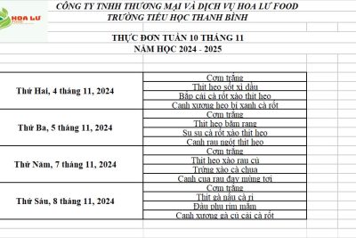 Thực Đơn ăn bán trú Tuần 10 tháng 11 năm 2024 Trường Tiểu học thanh Bình
