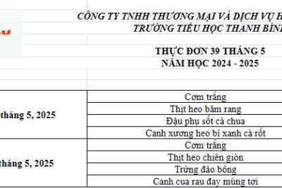 Thực đơn ăn bán trú Tuần 39 tháng 5 năm 2025 của Trường Tiểu học Thanh Bình