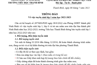 THÔNG BÁO TUYỂN SINH LỚP 1 NĂM HỌC 2022 – 2023