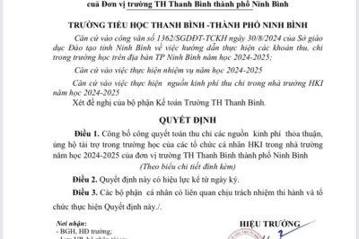 Quyết định về việc công bố công khai việc thực hiện các nguồn thu khác trong nhà trường HK I NH 2024-2025 của Trường TH Thanh Bình