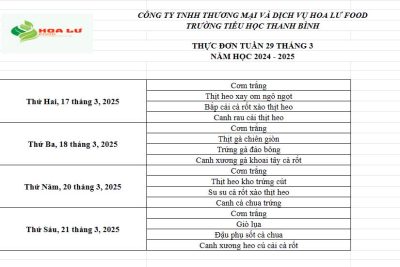 Thực đơn ăn bán trú Tuần 29 tháng 3 năm 2025 của Trường Tiểu học Thanh Bình