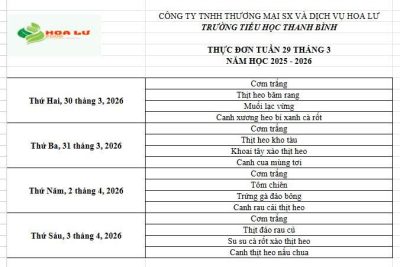 Thực đơn ăn bán trú Tuần 29 tháng 3 năm 2026 của Trường Tiểu học Thanh Bình
