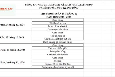 Thực đơn ăn bán trú Tuần 16 tháng 12 năm 2024