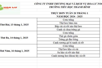 Thực đơn ăn bán trú Tuần 20 tháng 1 năm 2025