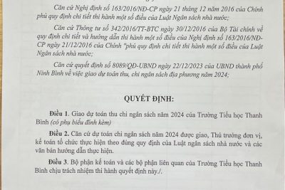 Quyết định về việc giao  dự toán thu chi ngân sách năm 2024 của Trường Tiểu Học Thanh Bình