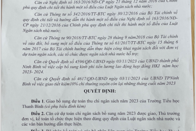 Quyết định về việc công bố công khai bổ sung dự toán thu chi ngân sách năm 2023 của Trường Tiểu Học Thanh Bình