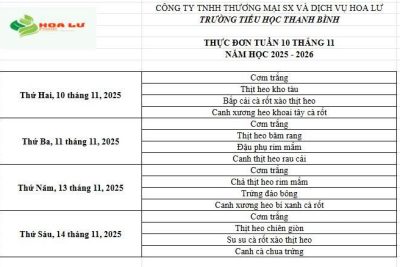 Thực đơn ăn bán trú Tuần 10 tháng 11 năm 2025 của Trường Tiểu học Thanh Bình