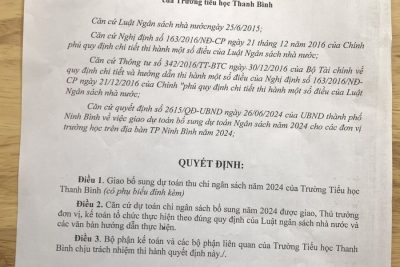 Quyết định về việc công bố công khai giao dự toán thu chi ngân sách năm 2024 của Trường Tiểu Học Thanh Bình