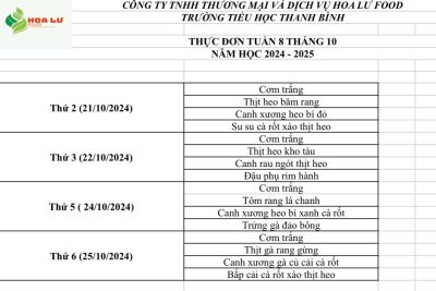 Thực đơn ăn bán trú Tuần 8 tháng 10 năm 2024