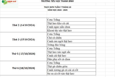 Thực Đơn ăn bán trú Tuấn 7 tháng 10 tháng 2024 Trường Tiểu học thanh Bình