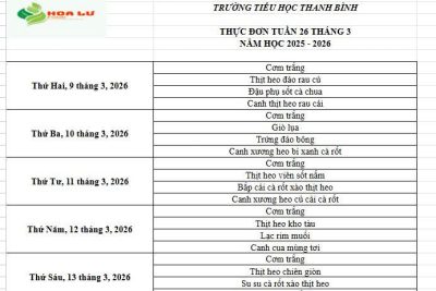 Thực đơn ăn bán trú Tuần 26 tháng 3 năm 2026 của Trường Tiểu học Thanh Bình