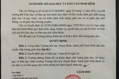 QUYẾT ĐỊNH CÔNG NHẬN TRƯỜNG TH THANH BÌNH ĐẠT TIÊU CHUẨN CHẤT LƯỢNG GIÁO DỤC