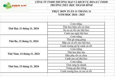 Thực đơn ăn bán trú Tuần 11 tháng 11 năm 2024