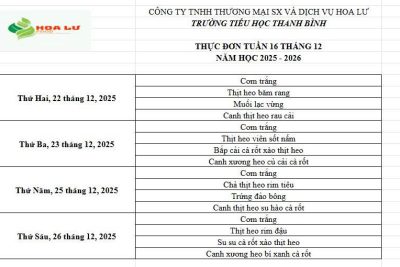 Thực đơn ăn bán trú Tuần 16 tháng 12 năm 2025 của Trường Tiểu học Thanh Bình