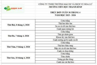 Thực đơn ăn bán trú Tuần 30 tháng 4 năm 2026 của Trường Tiểu học Thanh Bình