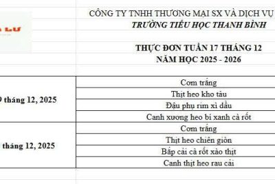 Thực đơn ăn bán trú Tuần 17 tháng 12 năm 2025 của Trường Tiểu học Thanh Bình