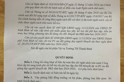 Quyết định về việc công bố công khai bổ sung kinh phí chi hỗ trợ chi phí học tập cho HSKT và PC ưu đãi giảng dạy người khuyết tật học kì I năm học 2024-2025 của Trường Tiểu Học Thanh Bình
