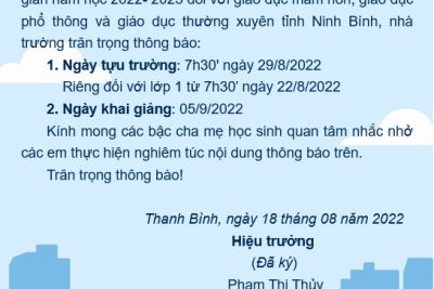 THÔNG BÁO VỀ THỜI GIAN TỰU TRƯỜNG NĂM HỌC 2022 – 2023