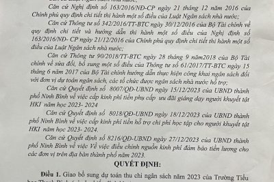 Quyết định về việc giao dự toán thu chi ngân sách nhà nước bổ sung năm 2023 của Trường Tiểu Học Thanh Bình