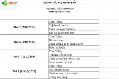 Thực đơn ăn bán trú Tuần 6 tháng 10 năm 2024