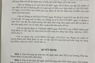 Quyết định về việc giao dự toán thu , chi ngân sách nhà nước bổ sung năm 2023 của trường tiểu học thanh bình