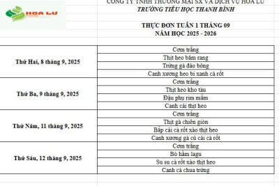 Thực đơn ăn bán trú Tuần 1 tháng 9 năm 2025 của Trường Tiểu học Thanh Bình