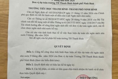 Quyết định về việc công bố công khai tình hình thực hiện dự toán thu chi ngân sách nhà nước 9 tháng đầu năm 2024 của Trường Tiểu Học Thanh Bình