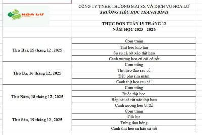 Thực đơn ăn bán trú Tuần 15 tháng 12 năm 2025 của Trường Tiểu học Thanh Bình