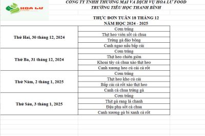 Thực đơn ăn bán trú Tuần 18 tháng 12 năm 2024 – Trường Tiểu học Thanh Bình