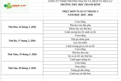 Thực đơn ăn bán trú Tuần 27 tháng 3 năm 2026 của Trường Tiểu học Thanh Bình