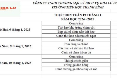 Thực đơn ăn bán trú Tuần 19 tháng 1 năm 2025