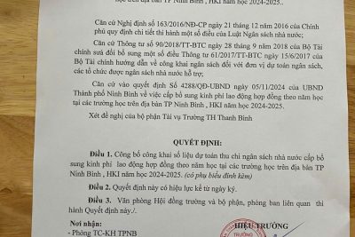 Quyết định về việc công bố công khai cấp bổ sung kinh phí LĐHĐ theo năm học tại các trường học trên địa bàn TP Ninh Bình, HKI năm học 2024-2025 của Trường Tiểu Học Thanh Bình