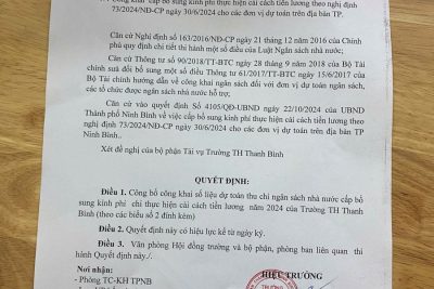 Quyết định công khai cấp bổ sung kinh phí thực hiện cải cách tiền lương theo nghị định 73/2024/NĐ-CP ngày 30/6/2024 cho các đơn vị dự toán trên địa bàn TP