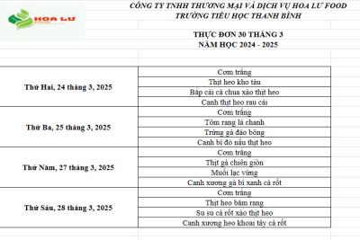 Thực đơn ăn bán trú Tuần 30 tháng 3 năm 2025 của Trường Tiểu học Thanh Bình