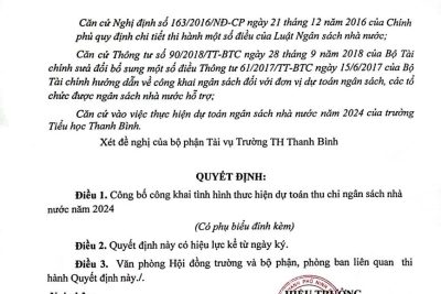 Quyết định về việc công khai tình hình thực hiện dự toán thu chi ngân sách nhà nước  năm 2024 của Trường Tiểu Học Thanh Bình