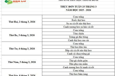 Thực đơn ăn bán trú Tuần 25 tháng 3 năm 2026 của Trường Tiểu học Thanh Bình
