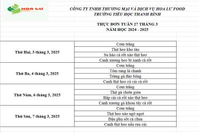 Thực đơn ăn bán trú Tuần 27 tháng 3 năm 2025 của Trường Tiểu học Thanh Bình
