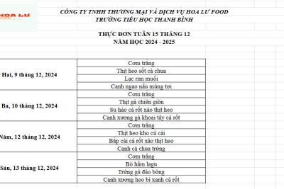 Thực đơn ăn bán trú Tuần 15 tháng 12 năm 2024