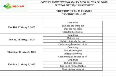 Thực đơn ăn bán trú Tuần 25 tháng 2 năm 2025 của Trường Tiểu học Thanh Bình