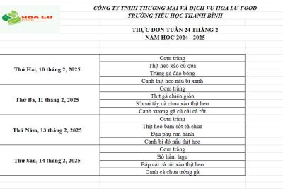 Thực đơn ăn bán trú Tuần 24 tháng 2 năm 2025 của Trường Tiểu học Thanh Bình