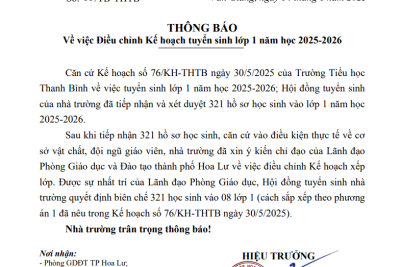 THÔNG BÁO VỀ VIỆC ĐIỀU CHỈNH KẾ HOẠCH TUYỂN SINH LỚP 1 NĂM HỌC 2025 – 2026