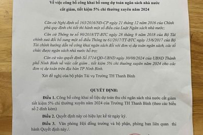Quyết định về việc công bố công khai bổ sung dự toán thu chi ngân sách, cắt giảm , tiết kiệm 5% chi thường xuyên năm 2024 của Trường Tiểu Học Thanh Bình