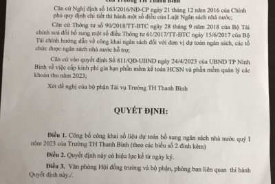 CÔNG KHAI BỔ SUNG NGÂN SÁCH DỰ TOÁN QUÝ I NĂM 2023 – TRƯỜNG TIỂU HỌC THANH BÌNH