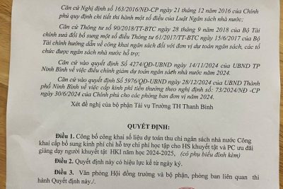 Quyết định về việc công khai cấp bổ sung kinh phí cấp tiền thưởng theo nghị định số 73/2024/NĐ-CP và điều chỉnh giảm dự toán ngân sách nhà nước năm 2024