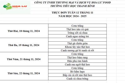 Thực Đơn ăn bán trú Tuấn 12 tháng 2024 Trường Tiểu học thanh Bình