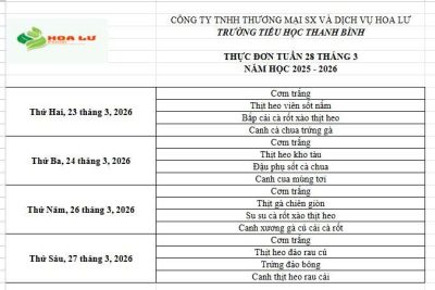 Thực đơn ăn bán trú Tuần 28 tháng 3 năm 2026 của Trường Tiểu học Thanh Bình