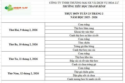 Thực đơn ăn bán trú Tuần 23 tháng 2 năm 2026 của Trường Tiểu học Thanh Bình